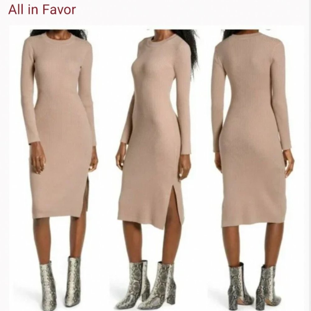 All in Favor Ribbed Long Sleeve Midi Dress in Tan/Beige. NWT. Size XS